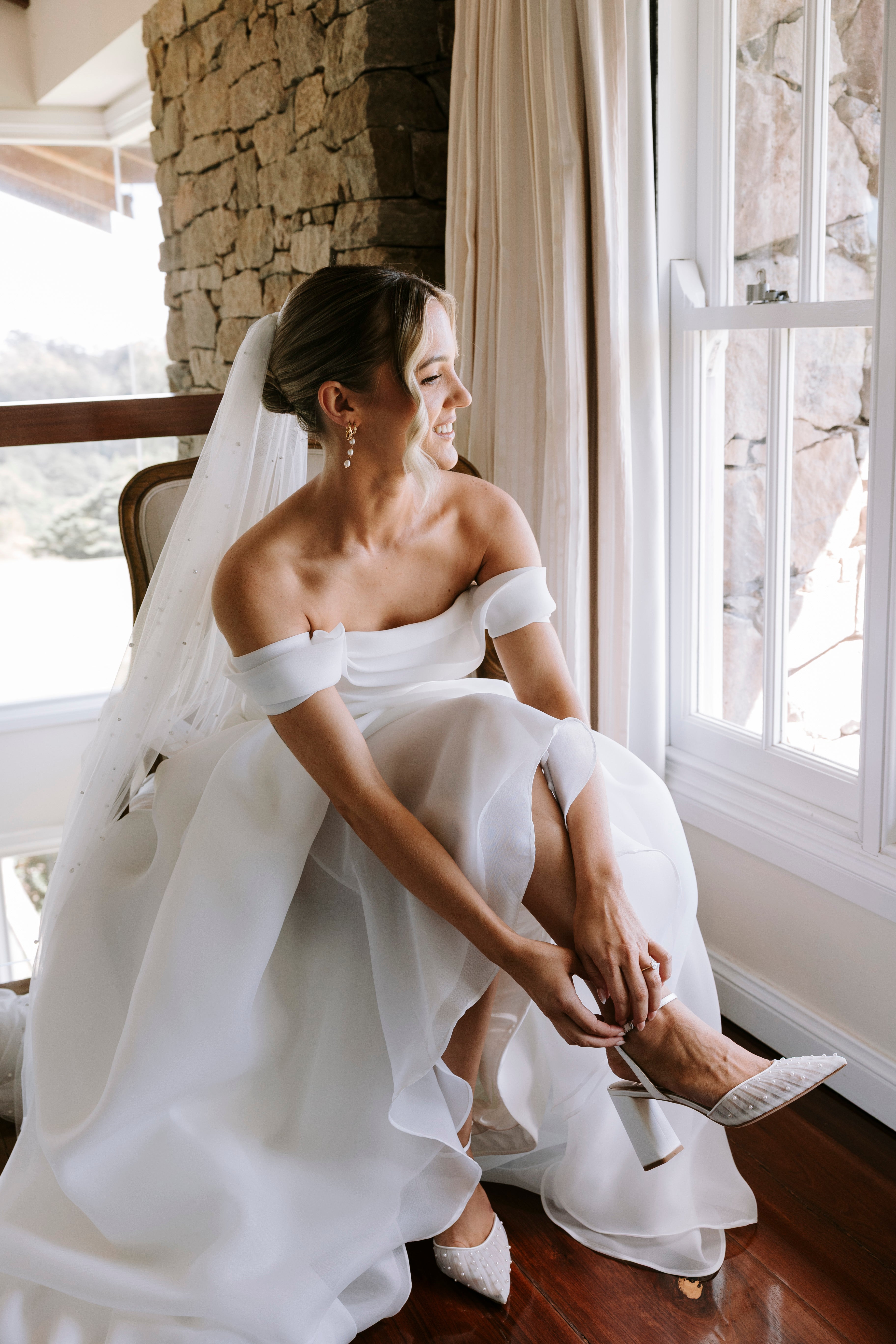 Harlo Australia Elle tulle block heel with handsewn pearls soft white, The White Collection Australia